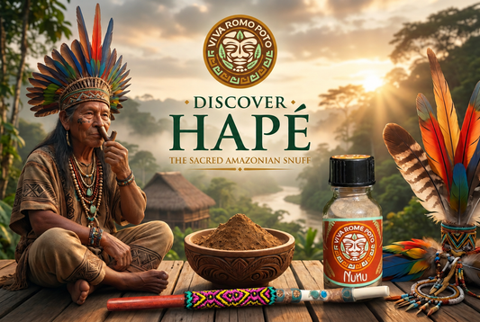 Discover Hapé by Viva Romo Poto, with a man holding a kuripe beside a bowl of snuff, a bottle, and ceremonial feathers.