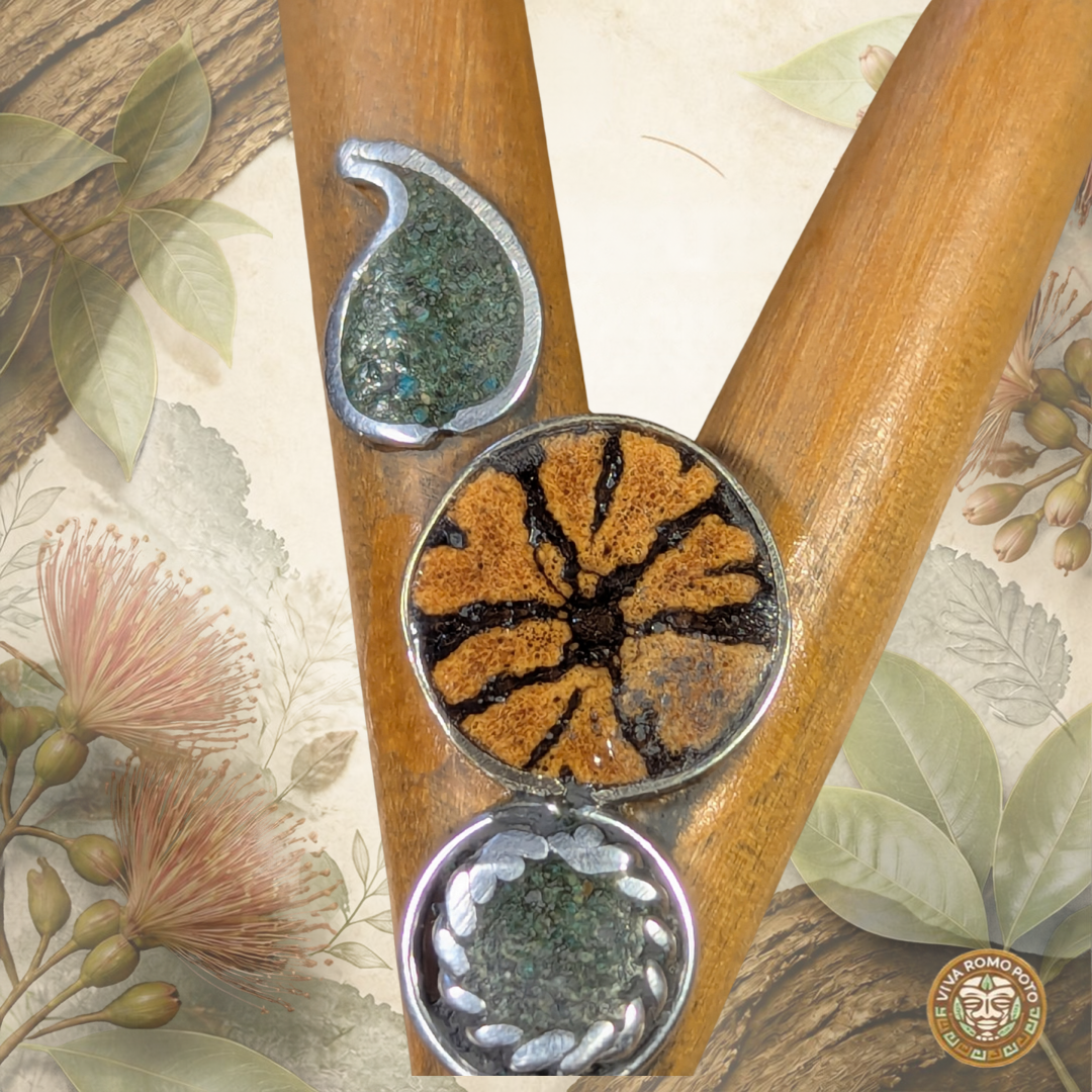 Bobinsana Kuripe with a close shot of the Alpaca sliver and Ayahuasca talisman.  Bobinsna backround and Viva Romo Poto logo on the bottom left coner.