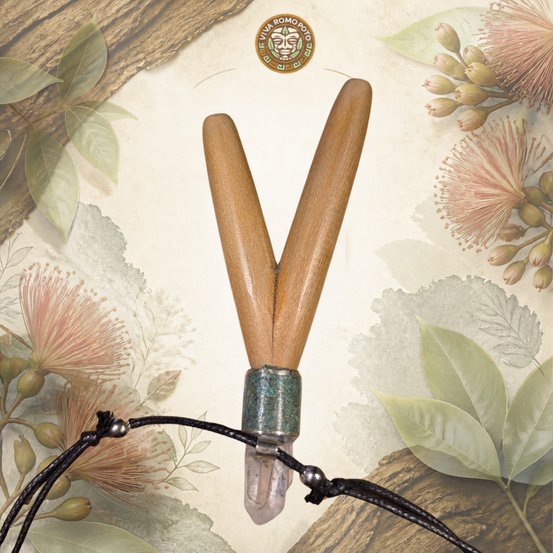 Bobinsana wood Kuripe showing its back side and attached necklace.  A Bobinsana backround with the Viva Romo Poto logo on the top centered.