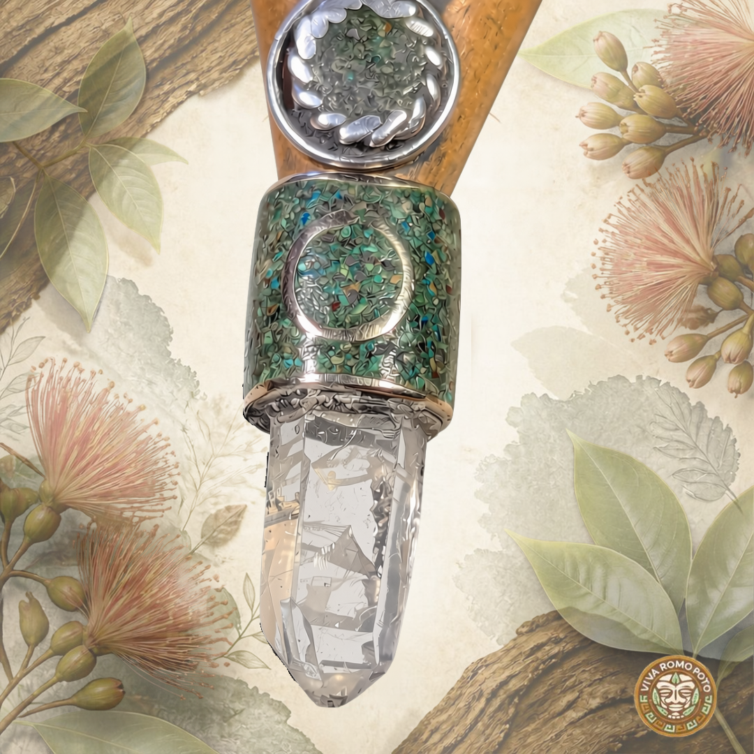 Bobinsana Kuripe with a close up shot of the Aplaca silver and clear quartz.  A Bonbinsana backround and the Viva Romo Poto logo on the bottom left corner.