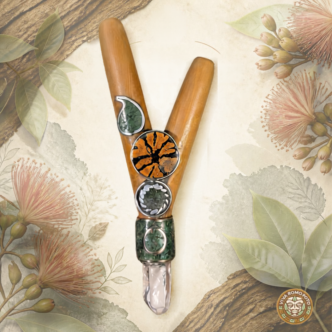 Bobinsana wood Kuripe with Ayahuasca talisman, clear quartz and aplaca silver.  With a Bobinsana backround.  It has the title Bobinsana Wood Kuripe and the Viva Romo Poto logo centered on bottom left corner.