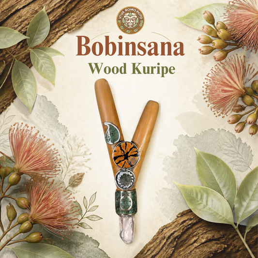 Bobinsana wood Kuripe with Ayahuasca talisman, clear quartz and aplaca silver.  With a Bobinsana backround.  It has the title Bobinsana Wood Kuripe and the Viva Romo Poto logo centered on top.