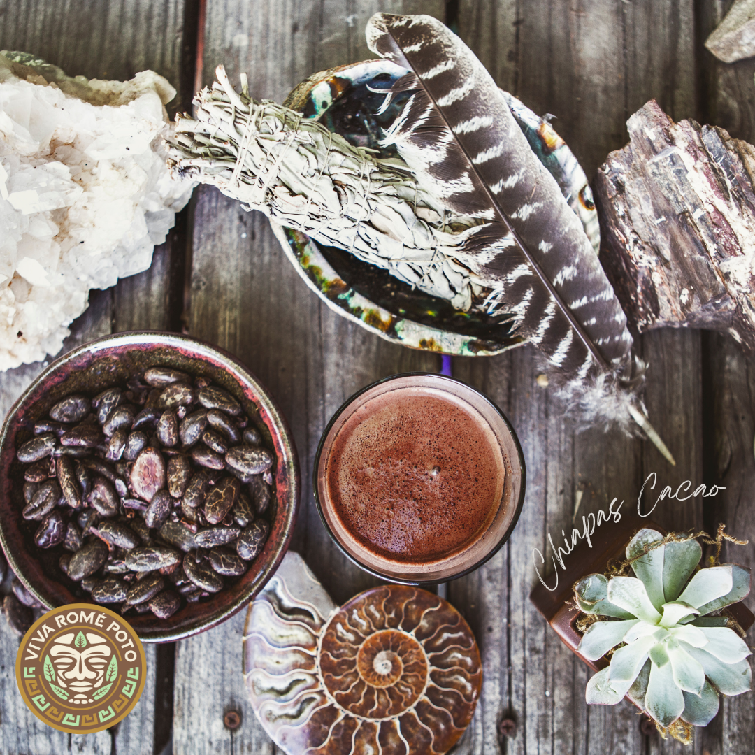 Cacao beans, cacao paste, feathers, sage, and crystals on a wooden surface with 'Viva Romé' logo.