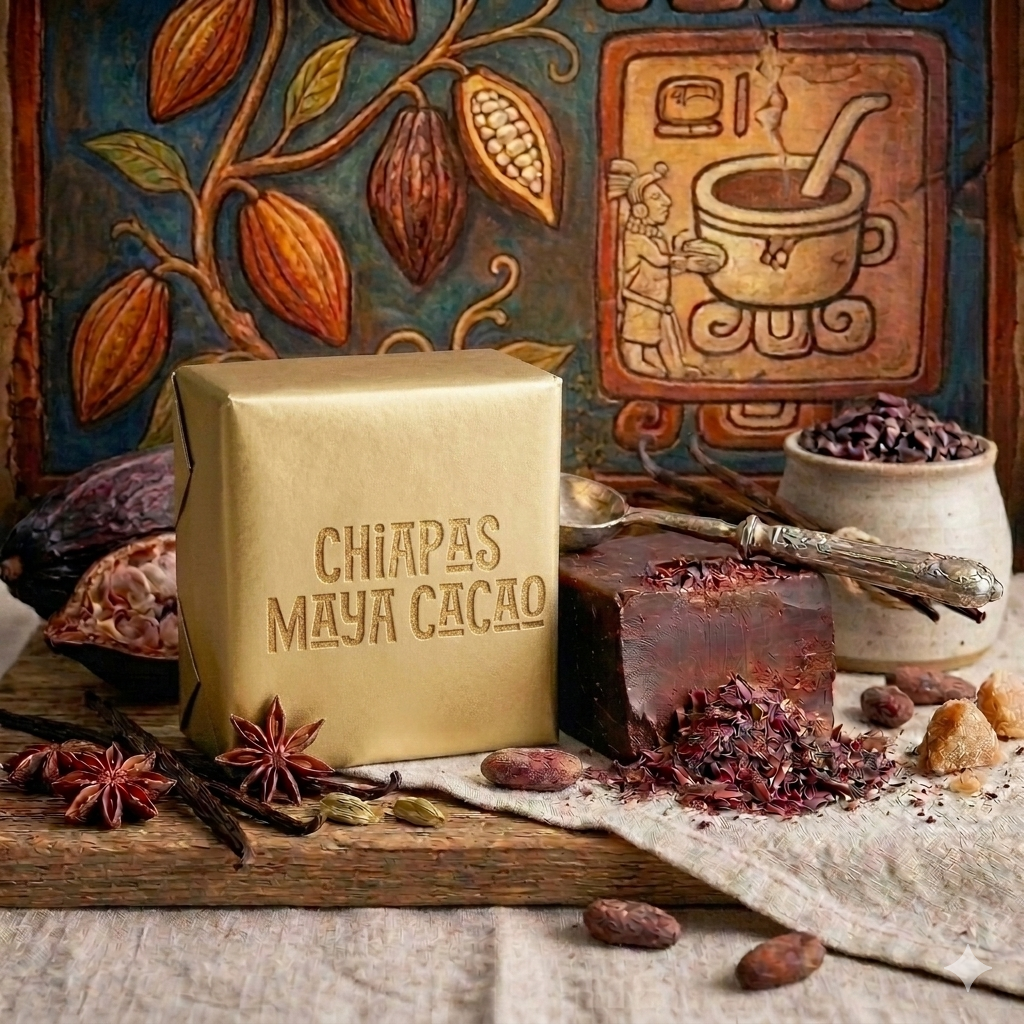 Chiapas Maya Cacao packaging with cacao beans and chocolate on a rustic background