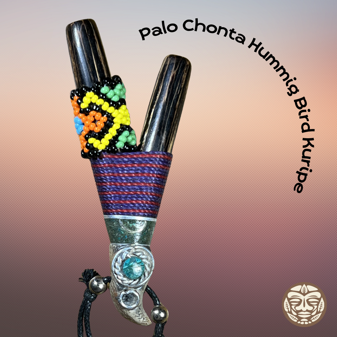 Handmade hummingbird Palo Chonta Kuripe pendant with black wooden bodies, beaded accents, and turquoise tip.