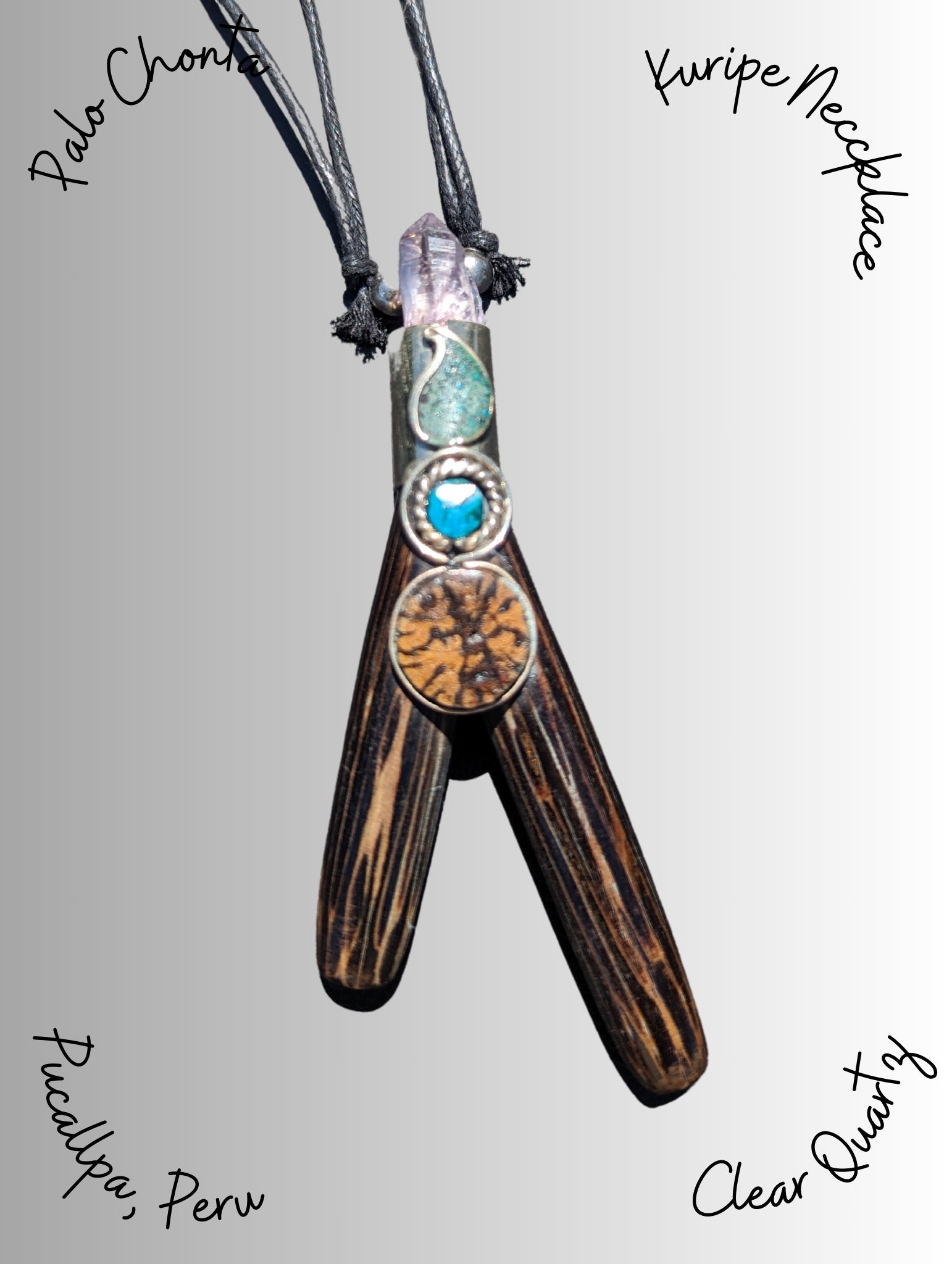 Kuripe Tepi Set | Necklace Kuripe | Made of Chonta Wood online | Decorated with A piece of Amazon Wood, Clear Quartz and Peruvian Turquoise